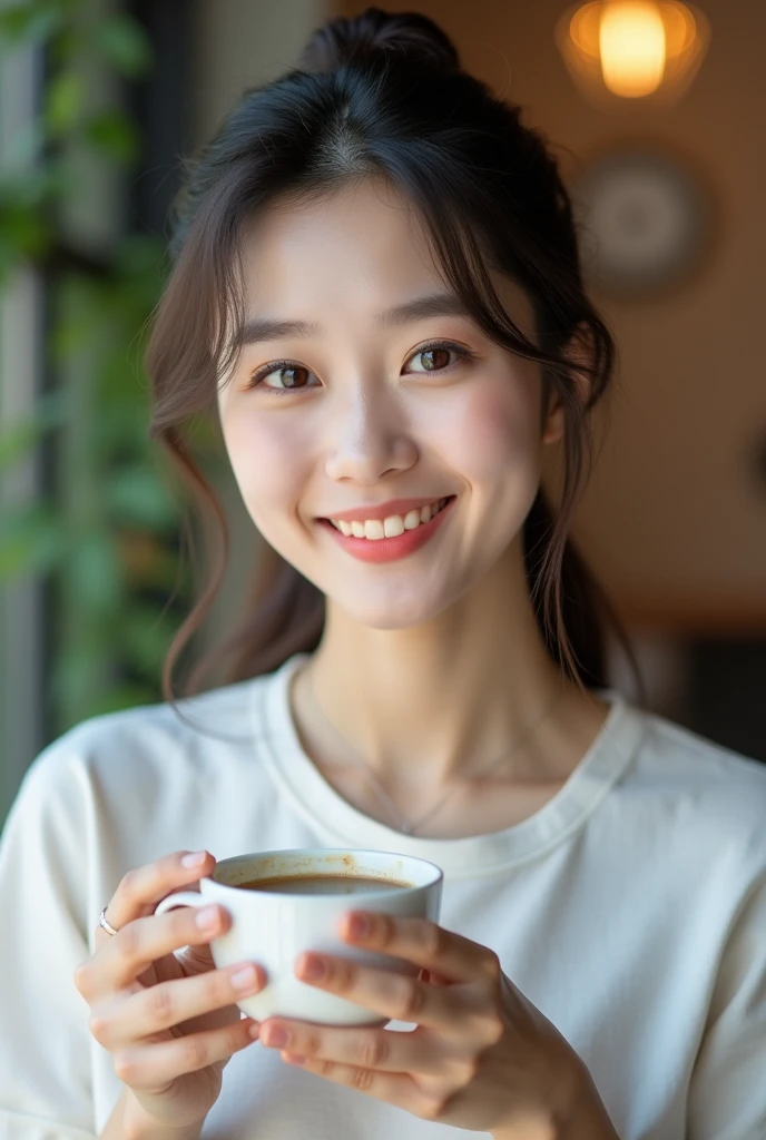 close-up of beautiful Korean woman, hair tied, wearing short-sleeved t-shirt, holding a cup of coffee, bokeh background, UHD