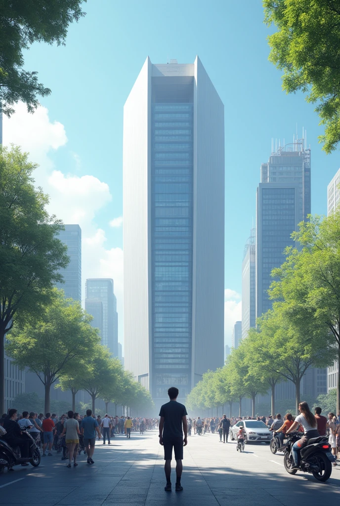 A person looking at a technologycal comercial building, and around of this person there is a crownd. There aren’t so much colors, but it’s a clear image, with the good wether and some dayli objects, like cars, motocicles, trees.