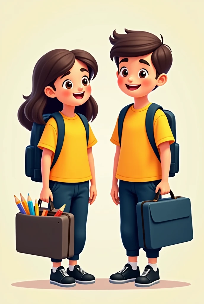 Image of an animated girl and boy without background, that they are dressed in school uniform with a completely yellow short-sleeved T-shirt and dark blue sweatpants, with black shoes completely to the sole and black laces, with a briefcase on and school supplies back to school
