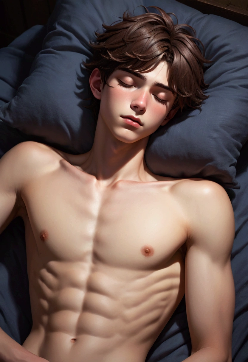 Teenage guy, white skin, toosled brown hair, nut eyes, slender body, summer vibes, sleeping position, dramatic lighting, dark colors, textured skin, hand gesture, naked, sensual, detailed features, edgy, teenage, androgynous, intimate, high quality anime oil art, dark fantasy style.