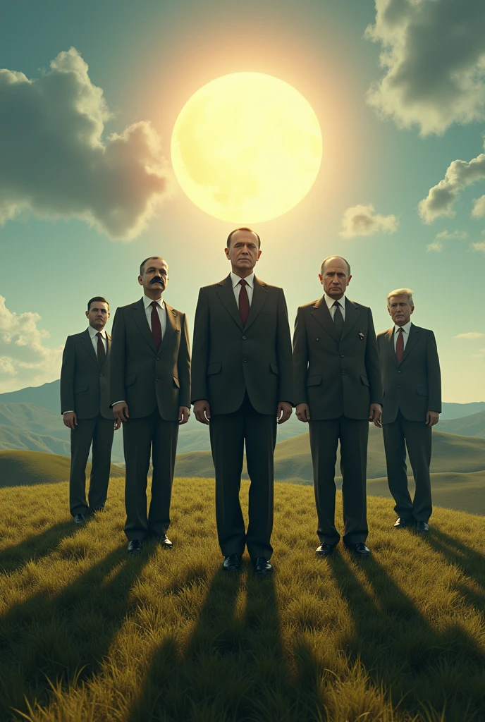 Orban Viktor, Putyin, Trump, Hitler, Kim Jong Un, Hitler was Jesus, Orban, Putyin, Trump and Kim Jong Un are the prophets, Hitler in the middle of the picture, let the sun shine, uhd 4k, Sharp contour, Hillside with grass, 