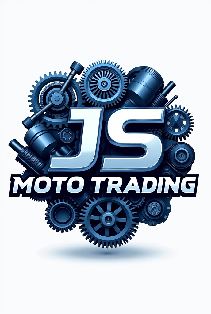 Logo named JS MOTO TRADING, color blue, background are different parts of motor and different motor
