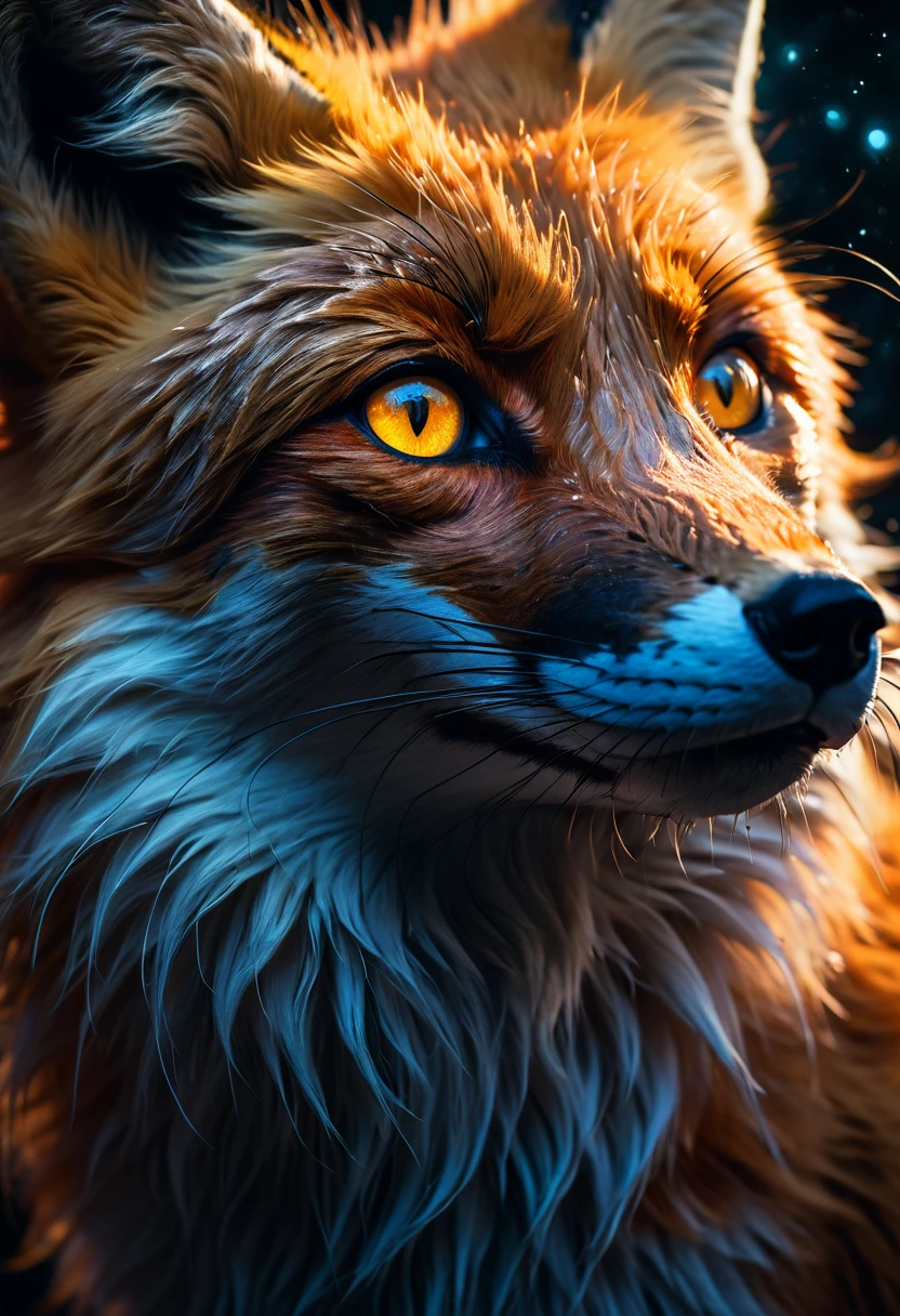 A mysterious fox, (hyperrealistic detailed portrait:1.37), (extremely detailed, cinematic lighting, dramatic atmosphere:1.2), (photorealistic, 8k, high resolution, best quality:1.4), sly and cunning expression, deep gaze piercing the soul, floating in space, paradoxical nature, transcending time and space, surreal and dreamlike, dramatic chiaroscuro lighting, vibrant and saturated colors, intricate fur details, glowing eyes, powerful and intense.