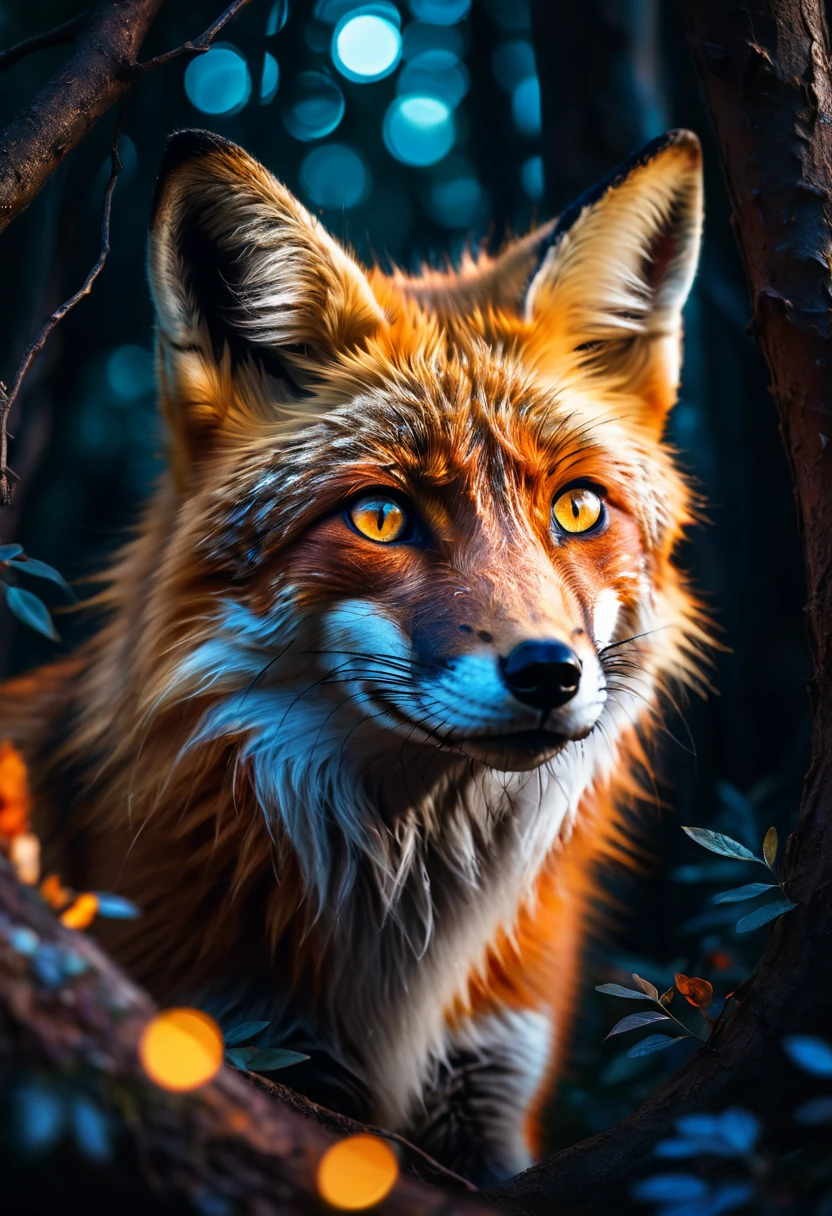 A mysterious fox, (hyperrealistic detailed portrait:1.37), (extremely detailed, cinematic lighting, dramatic atmosphere:1.2), (photorealistic, 8k, high resolution, best quality:1.4), sly and cunning expression, deep gaze piercing the soul, floating in space, paradoxical nature, transcending time and space, surreal and dreamlike, dramatic chiaroscuro lighting, vibrant and saturated colors, intricate fur details, glowing eyes, powerful and intense.
