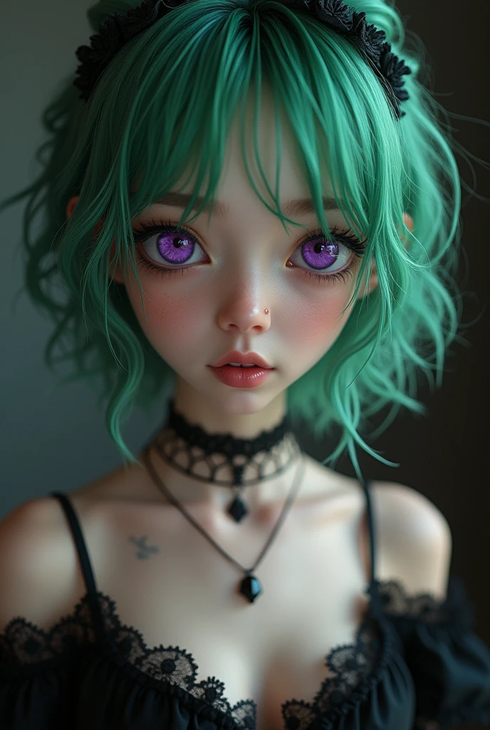 masterpiece,(best quality,top quality,8k),realistic,photorealistic,detailed eyes and face,young,18y,(1girl), purple eyes, green hair, messy hair, short hair, hair between eyes, goth, gothic, choker,soft smile, (black dress:1.2), pretty girl, beauty skin, ultra high res, raw photo , detailed body ,(puffy eyes) ,good contrast , high sharpness,(gorgeous),realistic,RAW Photography,(hyperdetailed:1.2)
