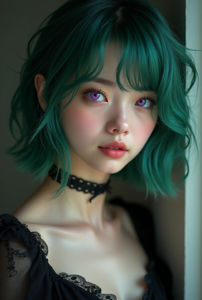 masterpiece,(best quality,top quality,8k),realistic,photorealistic,detailed eyes and face,young,18y,(1girl), purple eyes, green hair, messy hair, short hair, hair between eyes, goth, gothic, choker,soft smile, (black dress:1.2), pretty girl, beauty skin, ultra high res, raw photo , detailed body ,(puffy eyes) ,good contrast , high sharpness,(gorgeous),realistic,RAW Photography,(hyperdetailed:1.2)