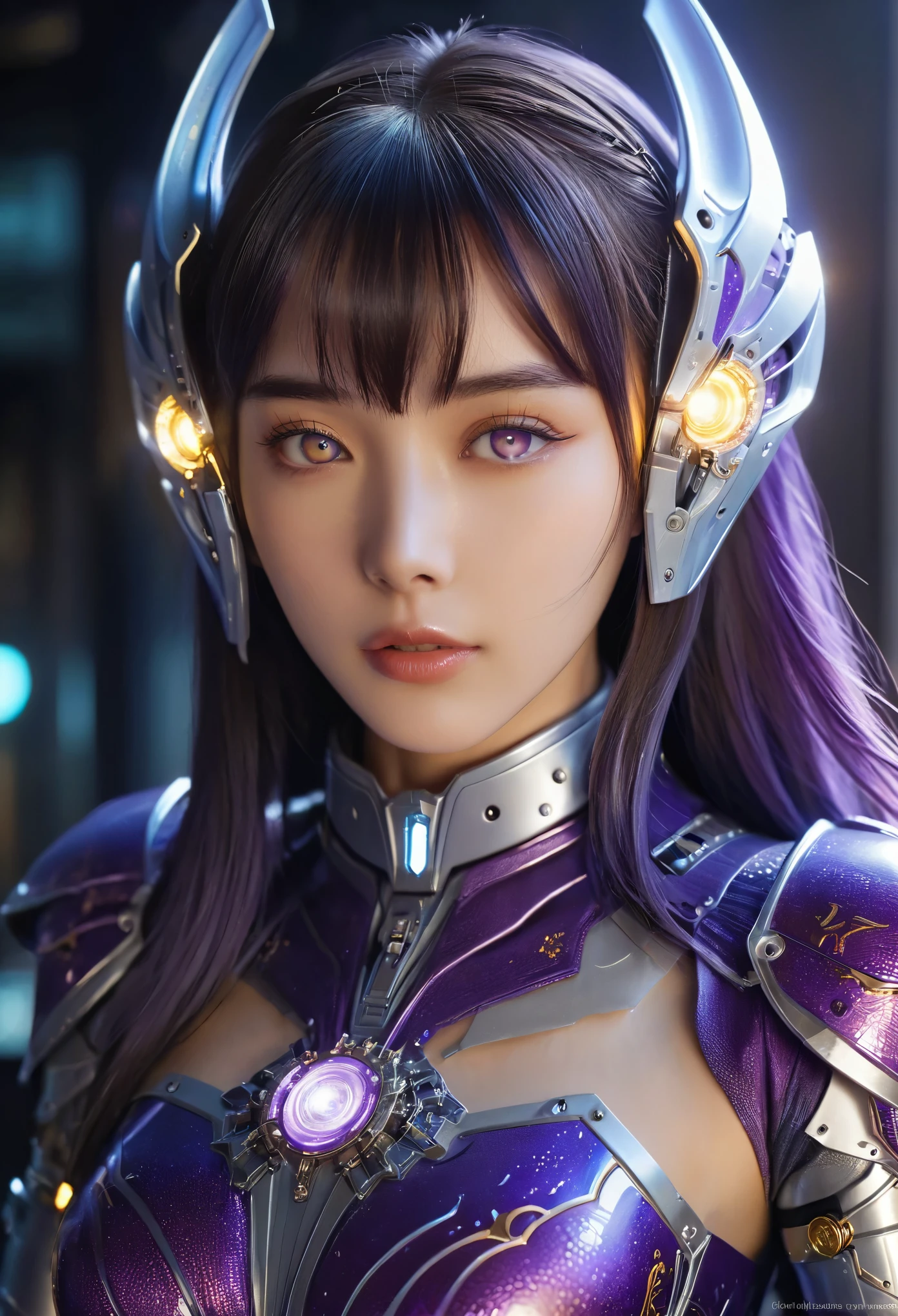 (Best Quality, 4K, 8K, High Resolution, Masterpiece: 1.2), (Super Detailed, Realistic, Photorealistic:1.37), A woman in futuristic clothing, Trending on cgstation, Trending on cgstation, (Portrait of a girl in the Knights of the Zodiac:1.4), blunt bangs, Cute Cyborg Girl, Perfect android girl, Portrait Astronaut Girl, Beautiful girl cyborg, (Girl wearing iridescent purple mechanical cyber armor:1.3), Game CG, cgsociety and fenghua zhong, Beautiful Cyborg Shrine Maiden, Bioluminescence, (Yua Yaiba:0.5), (Golden eyes:1.5), Anatomically correct grip, (Sharp and long claws:1.4), erotic and sexy, black, wearing A gorgeous cape with beautifully detailed embroidery