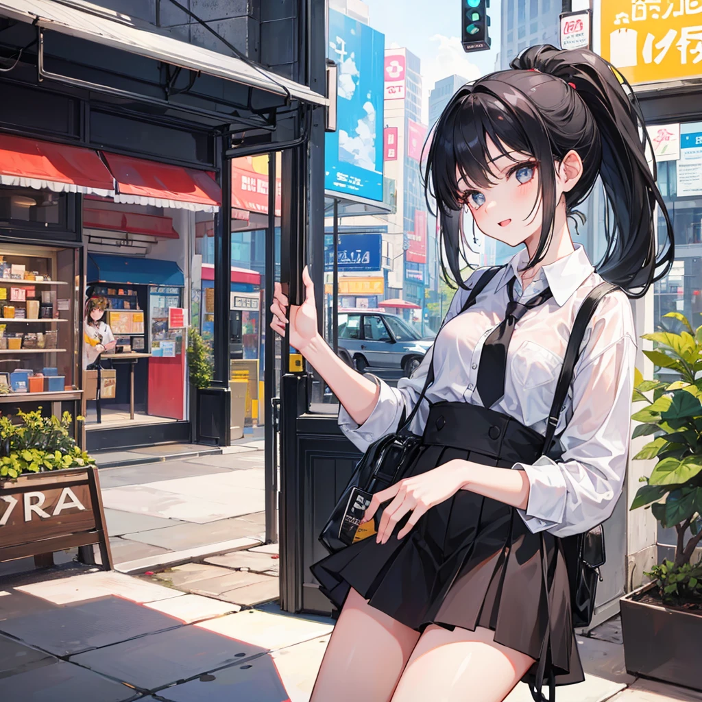 Girl, black hair, older sister, tie her hair in a ponytail and laugh at the speaker, high-quality picture, masterpiece, beautiful girl, cafe,