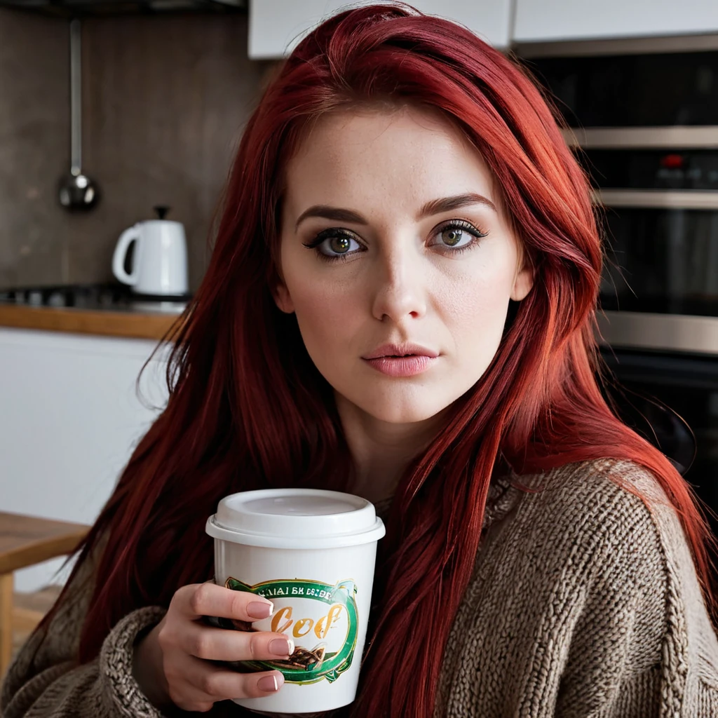 closeup, portrait, LeannaDecker, ((wearing sweater)), inside, portrait, kitchen, holding coffee mug, winter fire, eyes open, best quality, upper body, by lee jeffries nikon d850 film stock photograph 4 kodak 400 camera f1.6 lens rich colors hyper realistic lifelike texture natural lighting unreal engine trending on artstation cinestill 800, (100mm lens), long hair,, red hair
