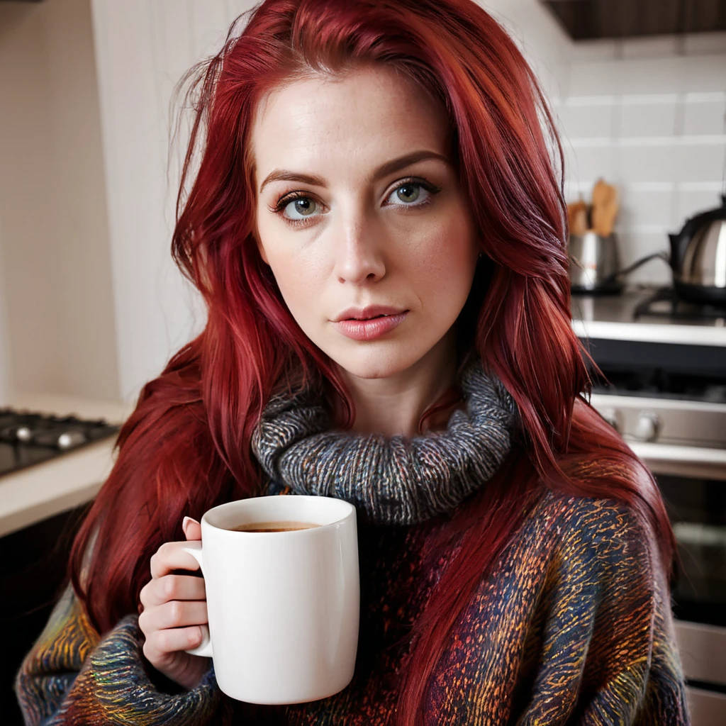 closeup, portrait, LeannaDecker, ((wearing sweater)), inside, portrait, kitchen, holding coffee mug, winter fire, eyes open, best quality, upper body, by lee jeffries nikon d850 film stock photograph 4 kodak 400 camera f1.6 lens rich colors hyper realistic lifelike texture natural lighting unreal engine trending on artstation cinestill 800, (100mm lens), long hair,, red hair 