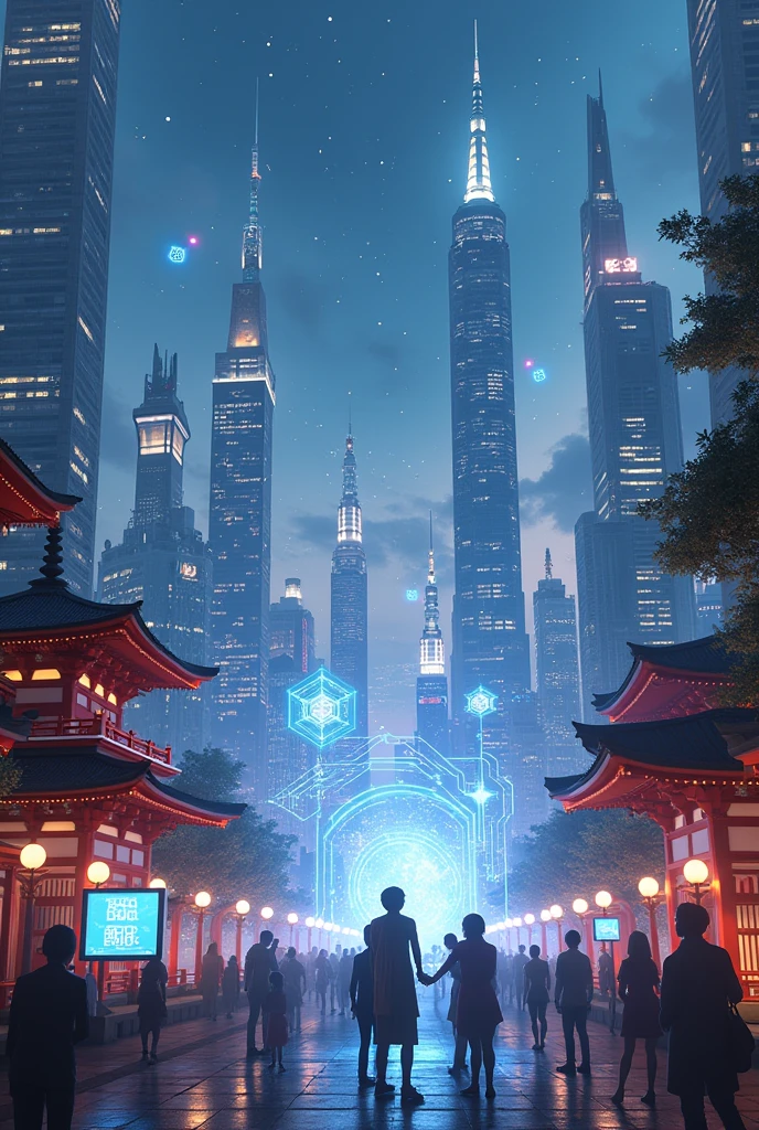"A futuristic cityscape with traditional Japanese elements, glowing stars above, and people connecting through holographic interfaces"