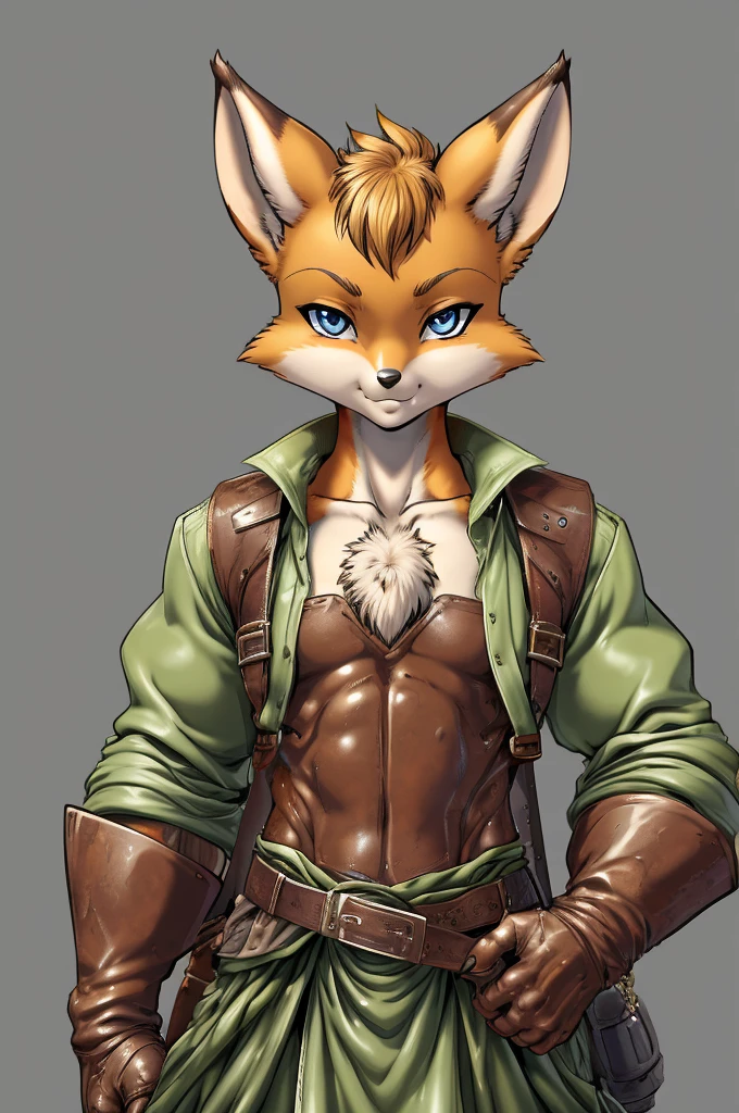 fox, furry male anthro,HD,sharp,boy ((anthro)),1boy,boy,young boy,(look at viewer) ,(perfect eyes),((brown skin)),(beige skin),ltfoxvixen,black eyes,by dr comet,by pochincoff, by jlullaby,by kingbang,by obui,by ZeroQrisu,by sparrow,by gmeen,Thief,farmer outfit,green outfit,((simple background)),(gray background)