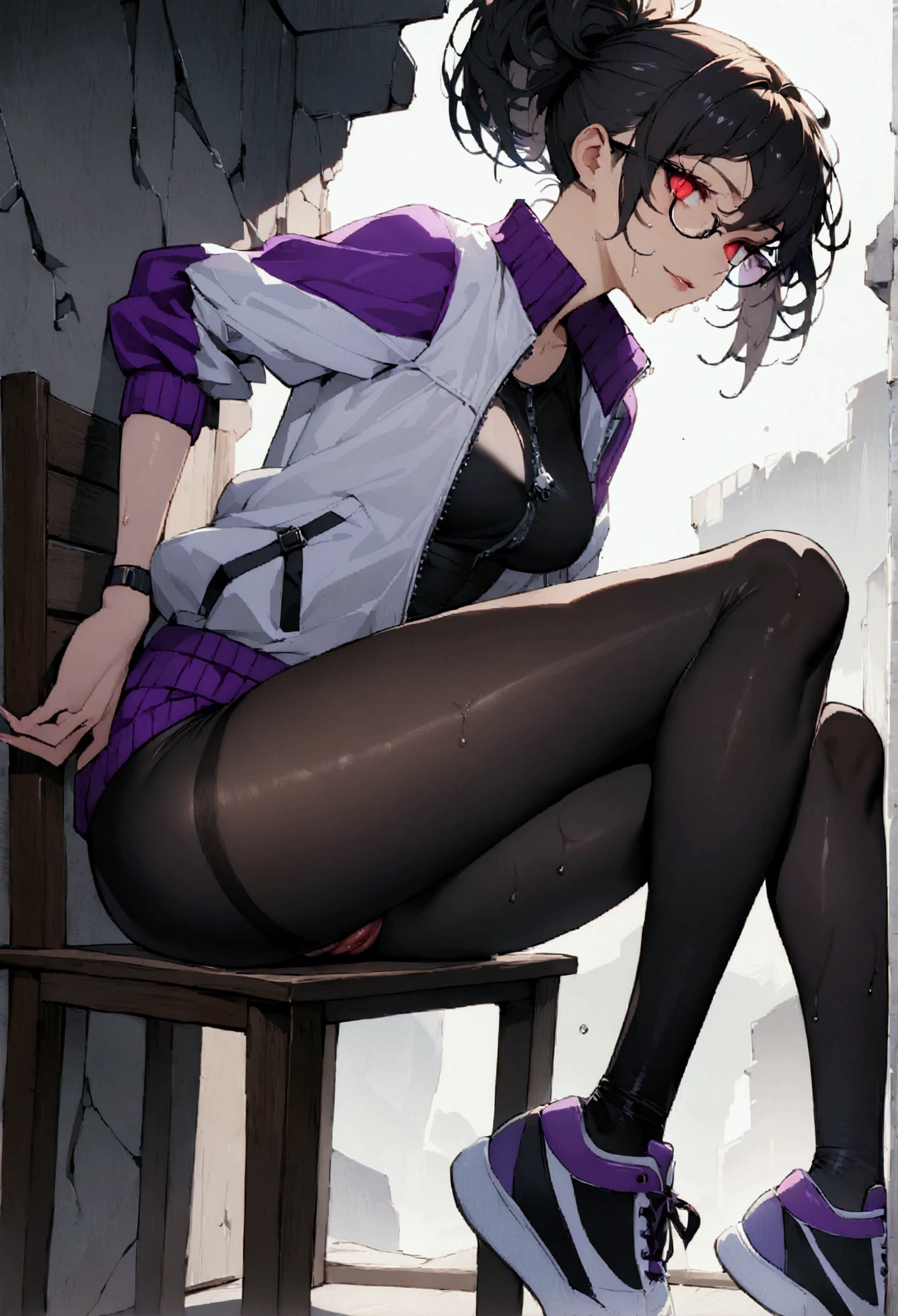 sitting on a chair,cross legs,wet pussy alone, broken wall,short hair,work of art,face detailed,beautiful young fitness woman with , in a gym wearing May with black pantyhose, white and purple tight short gym jacket. standing alone,red eyes glowing,Evil smile,legging preto ,labiaa,dark eye shadow,shining eyes,neckleace,jacket zipper half open,Tight black shirt,white sports tennis shoes,short hair with purple details,beautiful curves,whole body,hair with purple details,labiaa,detailed face and eyes,work of art,sexy look,pefil from sideways,from sideways,wind in your hair,fully body,glasses on eyes
