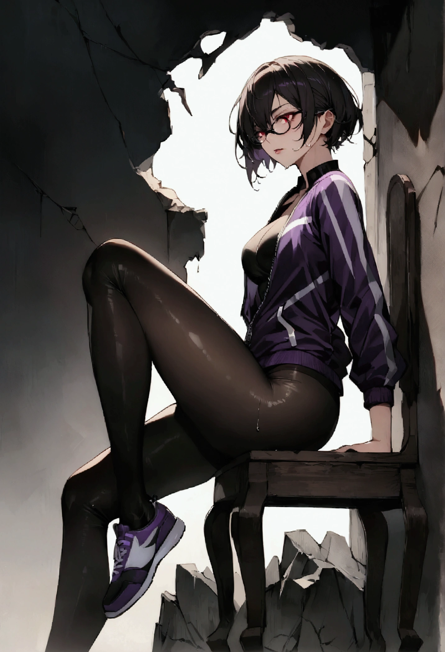sitting on a chair,cross legs,wet pussy alone, broken wall,short hair,work of art,face detailed,beautiful young fitness woman with , in a gym wearing May with black pantyhose, white and purple tight short gym jacket. standing alone,red eyes glowing,Evil smile,legging preto ,labiaa,dark eye shadow,shining eyes,neckleace,jacket zipper half open,Tight black shirt,white sports tennis shoes,short hair with purple details,beautiful curves,whole body,hair with purple details,labiaa,detailed face and eyes,work of art,sexy look,pefil from sideways,from sideways,wind in your hair,fully body,glasses on eyes