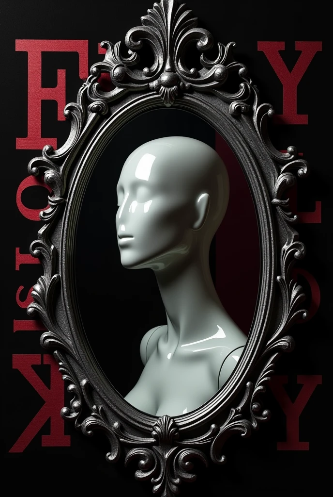 make a black t-shirt print with a window-shaped mirror in a rococo style dark silver color with the interior reflecting only the head and neck of a mannequin so as to almost fill the entire mirror. Behind this mirror the writing "psychology" filling the entire background with classic letters in burgundy and deep red colors. the Greek psi symbol should be highlighted integrated next to the edge of the mirror as if it were a coat of arms