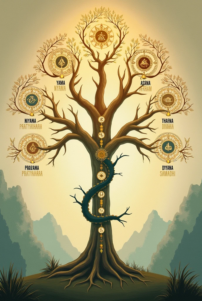 A diagram or tree with the eight limbs branching out and name the limb Yama, Niyama, Asana, Pranayama, Pratyahara, Dharana, Dhyana, Samadhi respectively