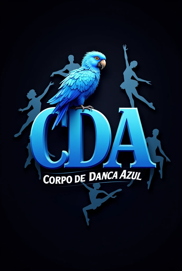 create a 3D logo
insert the letters "CDA"
insert a blue macaw
insert the phrase "Corpo de Dança Azul"
insert a black background insert silhouette of dancers