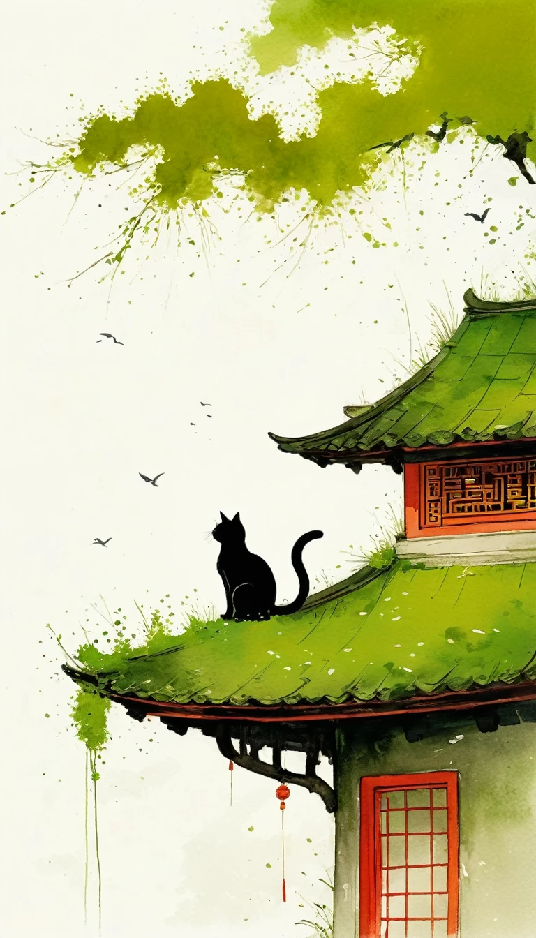 A painting,中国水墨画sketch:Light Ink,Lowercase,sketch,artistic conception,A cat on the moss-covered eaves,cloud,Minimalism,(((Negative Space,Bottom left composition)))