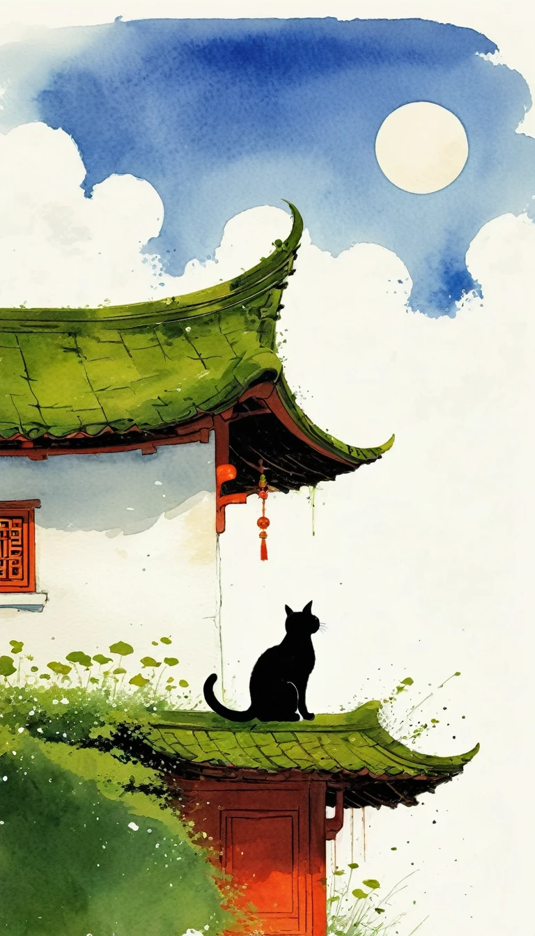 A painting，中国水墨画sketch：Light Ink，Lowercase，sketch，artistic conception，A cat on the moss-covered eaves，cloud，Minimalism，(((Negative Space,Bottom left composition)))