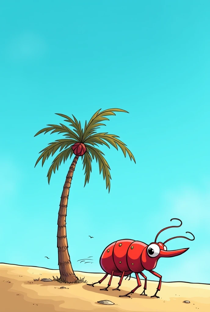 Weevil (Rhynchophorus ferrugineus) Chasing a palm tree without coconuts on a sky blue background, everything as if it were a cartoon