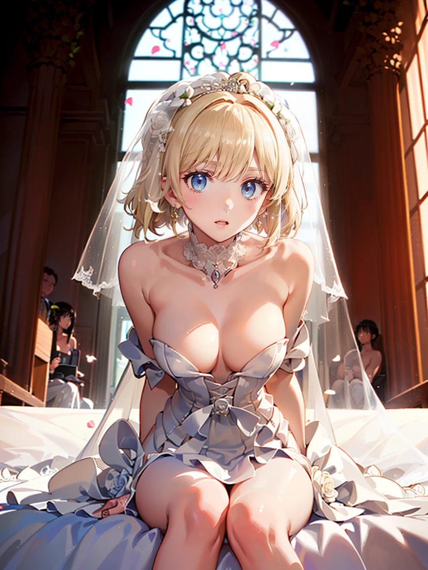 (((High resolution:1.5))), (((Very detailedな:1.5))),BREAK,((7Head to Body:1.3))、(((Beautiful and detailed eyes:1.3))), (((Very detailed))), (((Details face:1.5))), (((head:1.0))),(((clavicle:1.5)))、(((Very delicate body:1.5)))、(((Mid-chest:1.4)))、(((belly button:0.8)))、(((Waist:1.3)))、(((thigh gap:0.4))),(((Normal limbs)))、 (((No bra、topless、乳head:1.5)))、 (((very short hair,Blonde:1.5)))、(((Double Twin Tail:1.6))),(((Wedding dress:1.4)))、(((white Wedding veil:1.3)))、 (((from below :1.1))), (((sitting,Leaning forward:1.4)))、