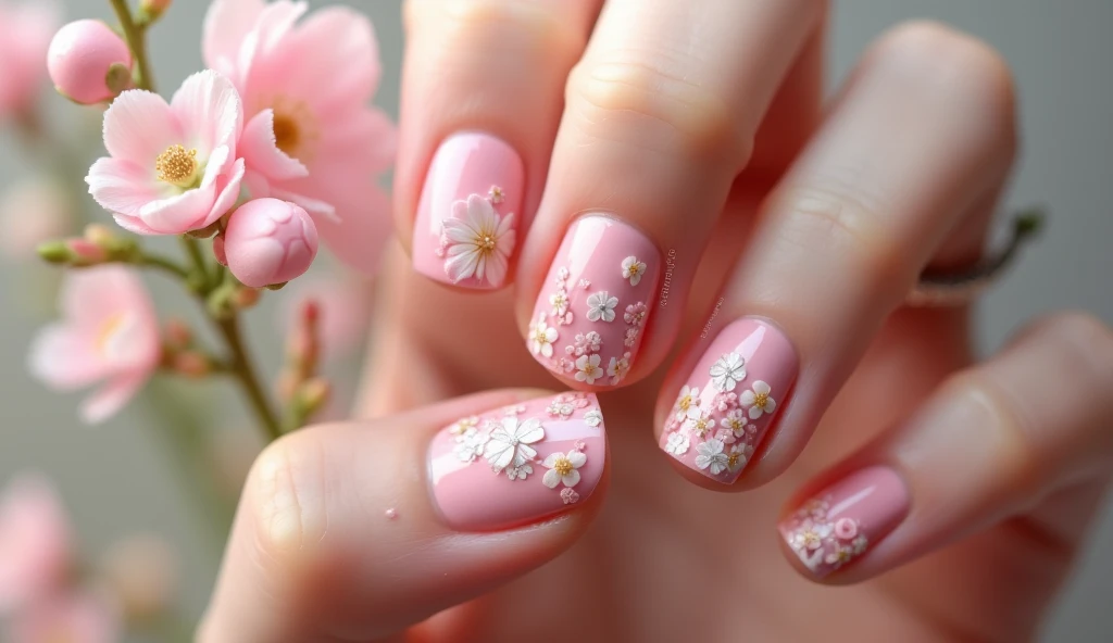 **Blossoming Romance Nail Art:** The nails feature soft, blooming flowers in shades of pink and ivory. The background on the left mimics a beautiful bouquet of flowers, as if the nails were plucked from the center of a garden.