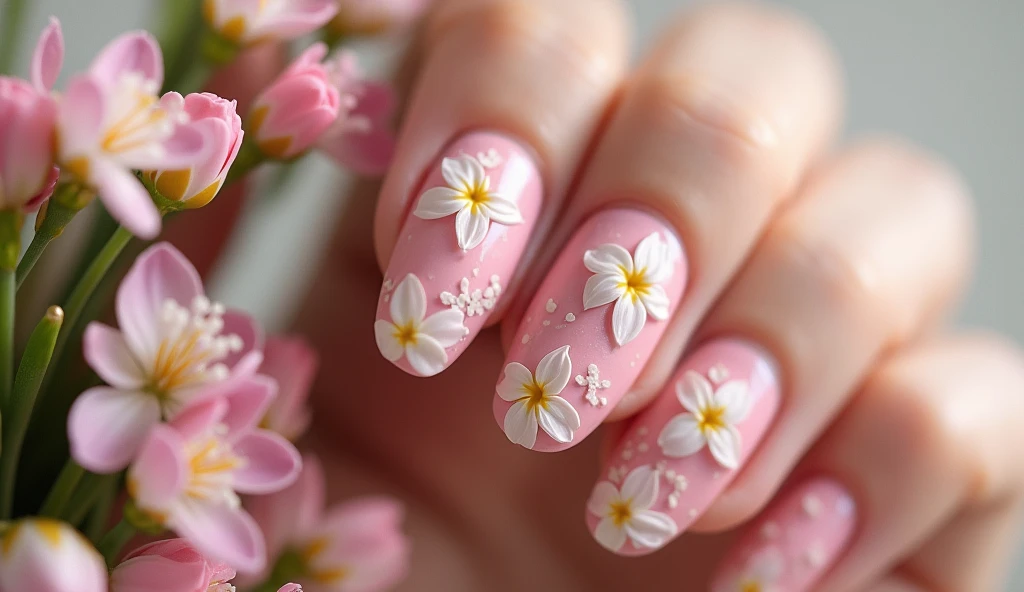 **Blossoming Romance Nail Art:** The nails feature soft, blooming flowers in shades of pink and ivory. The background on the left mimics a beautiful bouquet of flowers, as if the nails were plucked from the center of a garden.