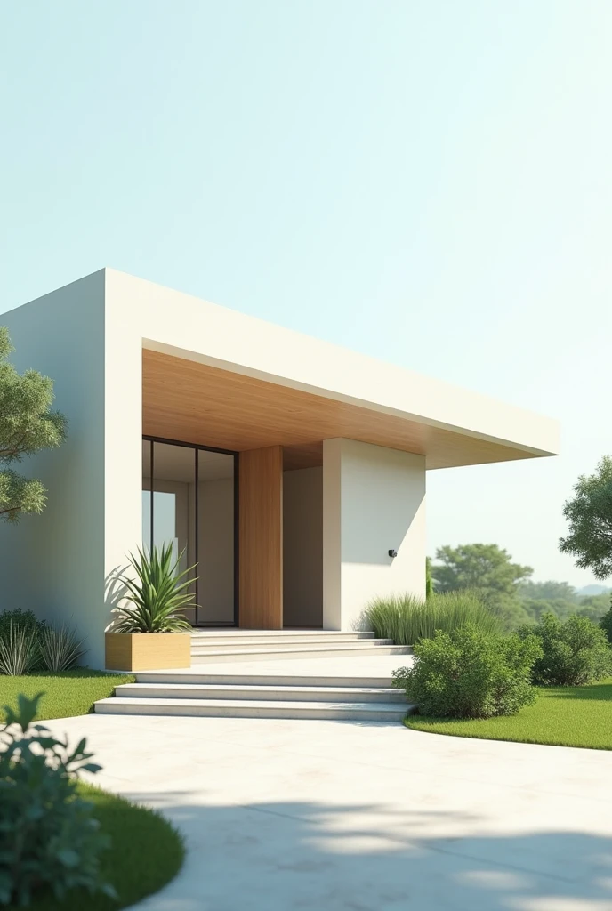 Create a minimalist one-story house with 2 large windows, winged corridor and steps to climb the corridor, with planter