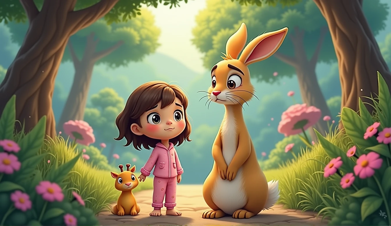 sad hare sits under the tree, There's a small plush giraffe standing next to a little cartoon girl in pink pajamas.