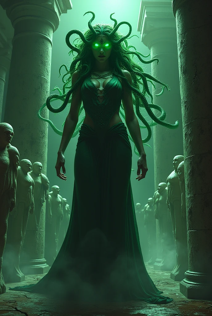 A dramatic scene featuring Medusa, the mythical gorgon. She stands tall and menacing, with her long, flowing hair made entirely of living, writhing snakes. Her expression is fierce, with piercing, glowing green eyes that seem to petrify all who dare to meet her gaze. The scene is set in a dark, ancient stone temple, partially illuminated by eerie green light that reflects off the cold, polished stone. Cracked statues of past victims line the walls, frozen in terror. The atmosphere is tense, with a sense of danger and dark magic lingering in the air.
