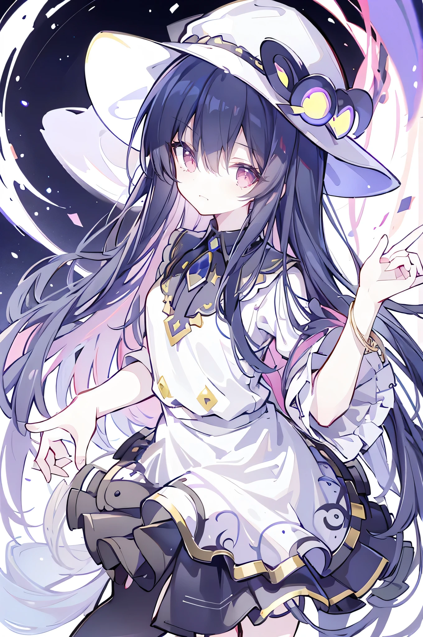 oung Girls,Humanity,A magician always smiles,big witch hat,cute,dark blue long hair,The eyes are dull,The bangs are heavy,Thin eyebrows,fantasy,intake,Double teeth,Star Theme,Constellation pattern,Solid color clothetal decoration,cloak,A bit of a dark atmosphere,A little crazy smile,When the big moon shines outside at night,blood,Hair black star embellishment,Short tie,No nails,High waist skirt,Bell sleeves,Long-sleeved shirt,Black tie,low risk,gentlemen。Mist、Yellow and white effect,Shocking pink as an accent color
