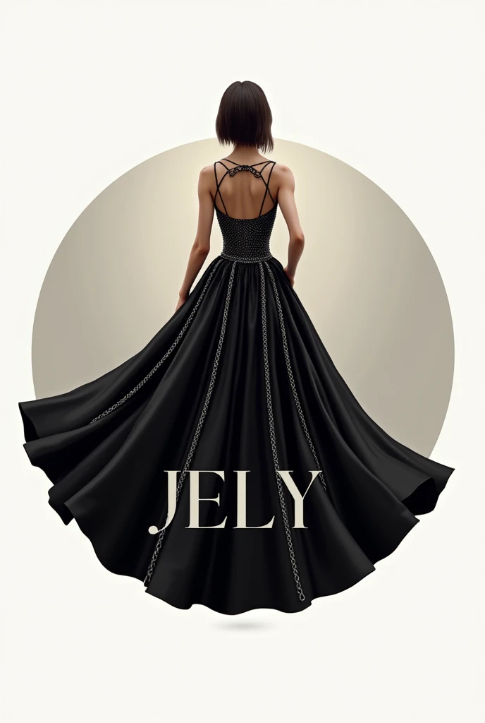 a CIRCULAR logo with a wide black dress decorated with chains   ,written in uppercase "JELY" in italics