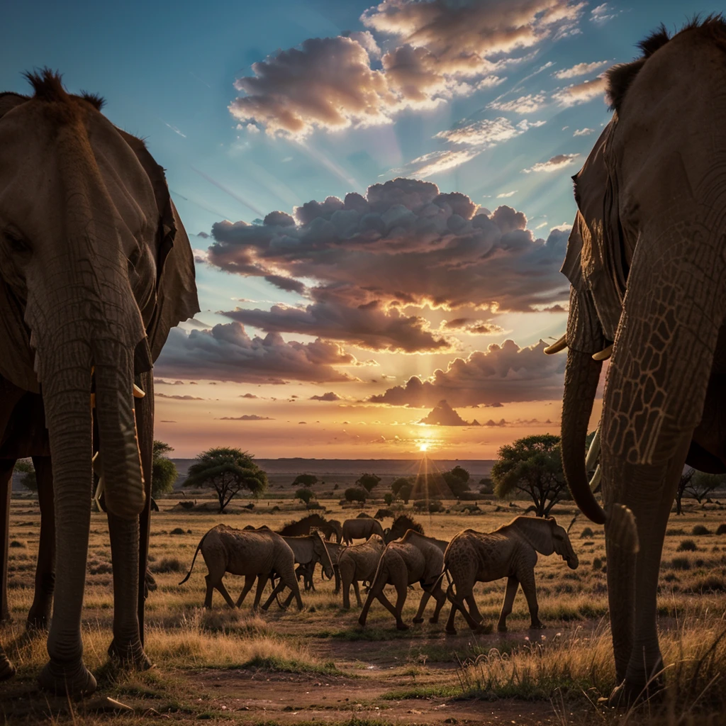 A stunning, hyper-realistic photograph of the breathtaking African landscape. The sky is painted with vibrant colors of orange, pink, and purple, creating a mesmerizing sunset. The vast savannah stretches across the foreground, filled with tall grasses, and features a herd of majestic elephants grazing peacefully. In the distance, a group of giraffes can be seen silhouetted against the colorful sky. The image is captured in the highest resolution, showcasing the exquisite detail and sparkling colors of this iconic African scene.