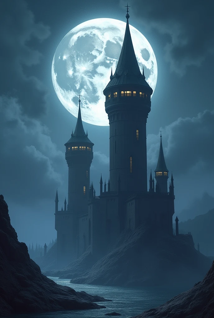 Tall tower next to a small tower with the moon in the background
