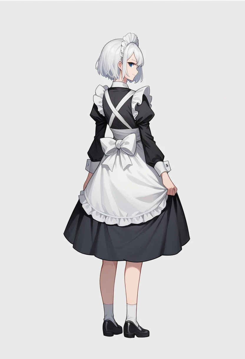 anime girl wearing a black cool assasin-like maid dress, girl with short white hair, smooth anime cg art, white background, plain-white background, full body, 8k, masterpiece, blue eyes, Pose: smiling, Back, looking at viewer—right, standing still. Light Angle: Right, Accurate shadow.