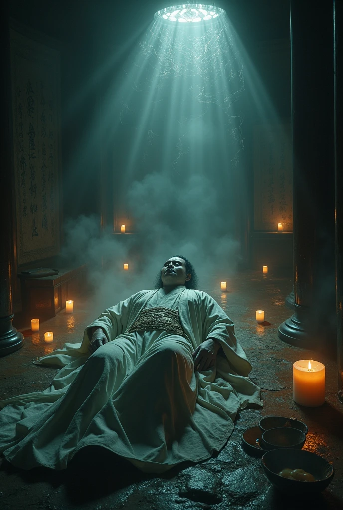 The atmosphere is heavy, with an eerie silence that reflects the finality of death and the Chinese Emperor's unfulfilled quest for immortality."