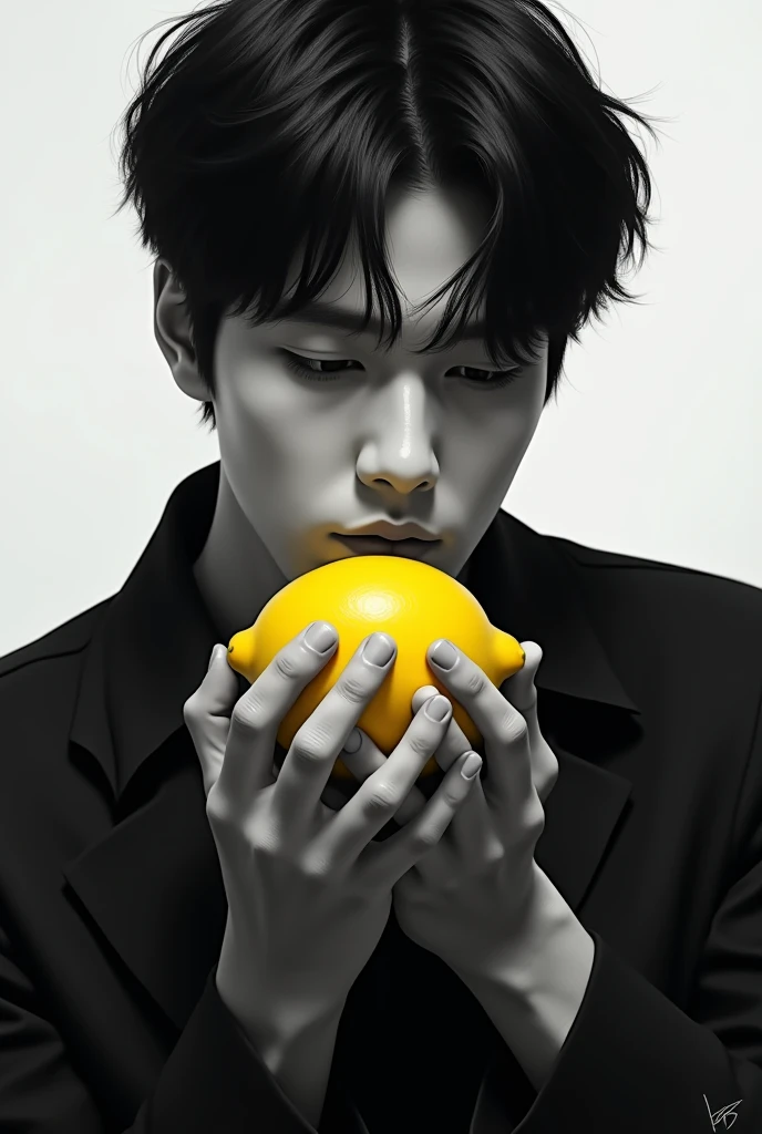 Jungkook with a lemon in his hands, black hair and black and white clothes