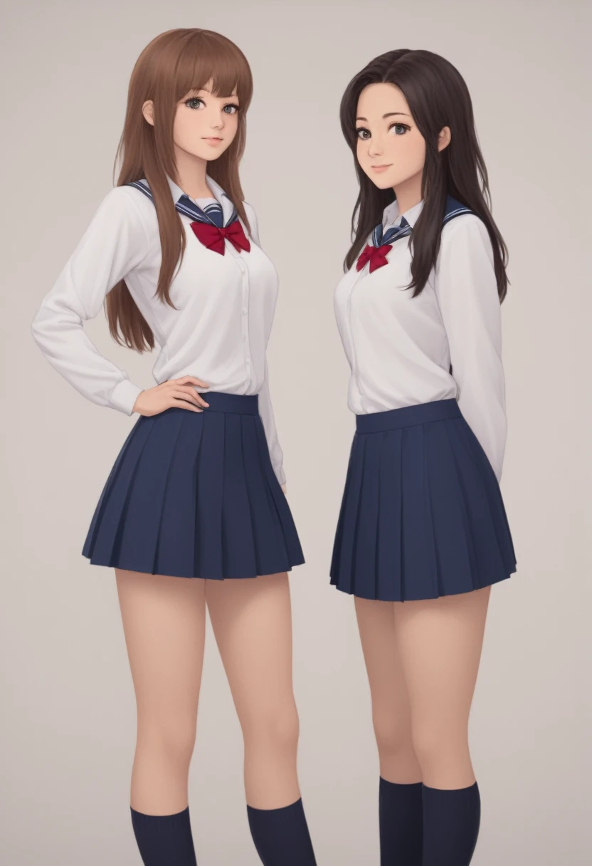 Romantic students, two students in school uniform, Lesbian couple, tall and slim, comely, former students, classmates