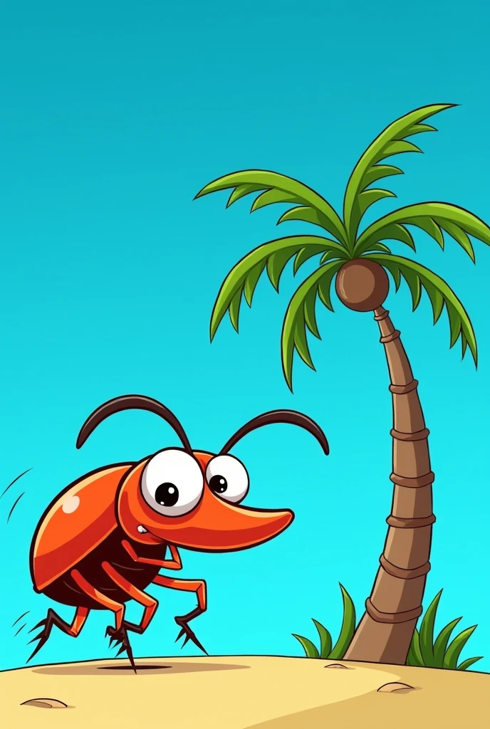 Weevil (Rhynchophorus ferrugineus) Chasing a palm tree without coconuts on a sky blue background, everything as if it were a cartoon