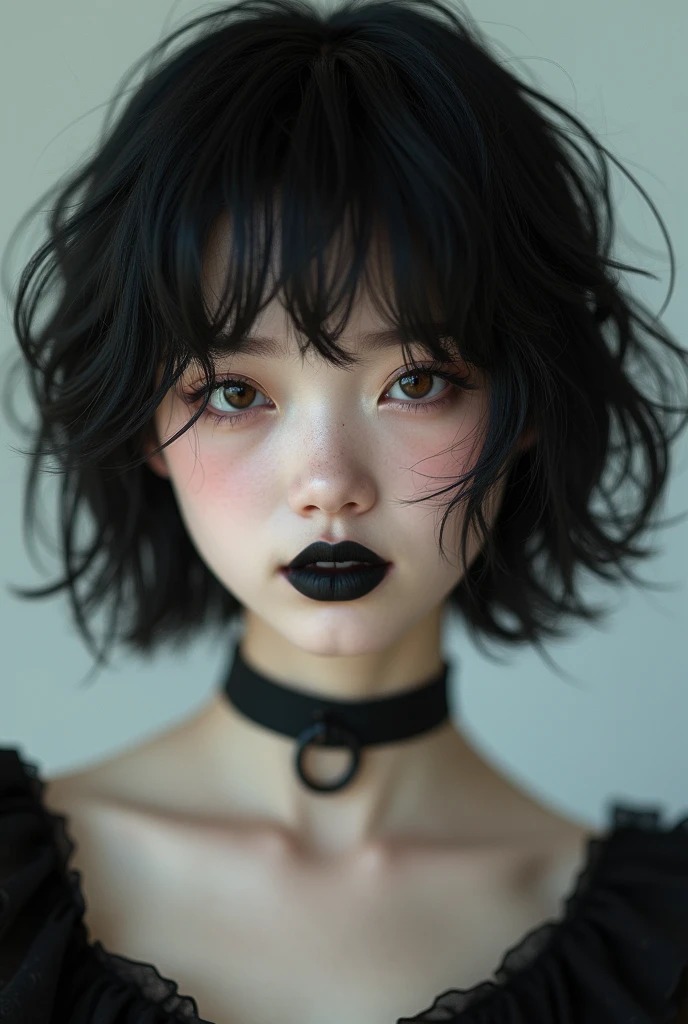 masterpiece,(best quality,top quality,8k),realistic,photorealistic,detailed eyes and face,young,18y,(1girl), brown eyes, black hair, messy hair, short hair, hair between eyes, goth, gothic, choker, (black lips),soft smile, (black dress:1.2), pretty girl, beauty skin, ultra high res, raw photo , detailed body ,(puffy eyes) ,good contrast , high sharpness,(gorgeous),realistic,RAW Photography,(hyperdetailed:1.2)