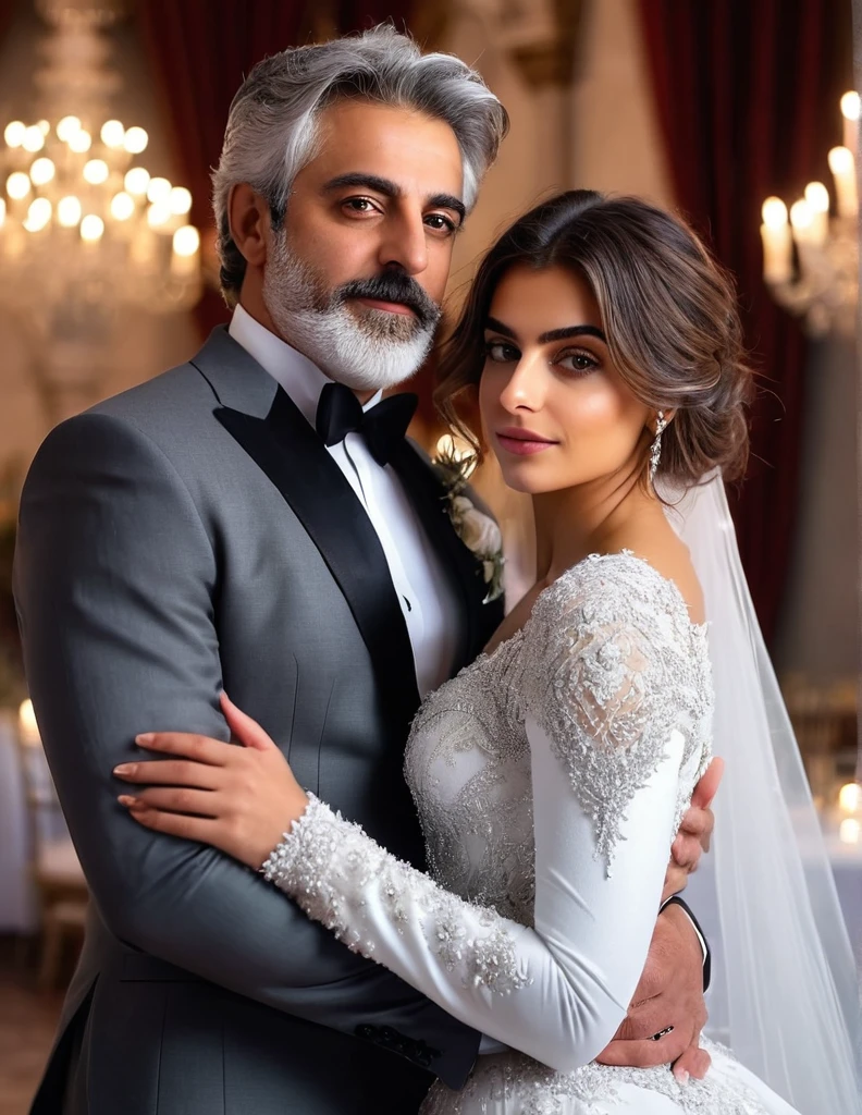 (fullbody photo:2.0) of father and daughter embracing in a ballroom: (a 25-year-old iranian woman, brown skin, triangular shaped face, brown eyes, long wavy hair, dark brown hair, busty, wearing a white winter wedding dress, long sleeves), embracing (a 65-year-old iranian man, brown skin,square shaped face, short full beard, brown eyes, short hair, grey hair, burly body, wearing a dark grey elegant suit), in a ballroom of an enchanted castle, winter, (8k, photorealistic, RAW photo, best quality:1.4),