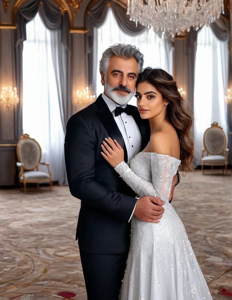 (fullbody photo:2.0) of father and daughter embracing in a ballroom: (a 25-year-old iranian woman, brown skin, triangular shaped face, brown eyes, long wavy hair, dark brown hair, busty, wearing a white winter wedding dress, long sleeves), embracing (a 65-year-old iranian man, brown skin,square shaped face, short full beard, brown eyes, short hair, grey hair, burly body, wearing a dark grey elegant suit), in a ballroom of an enchanted castle, winter, (8k, photorealistic, RAW photo, best quality:1.4),