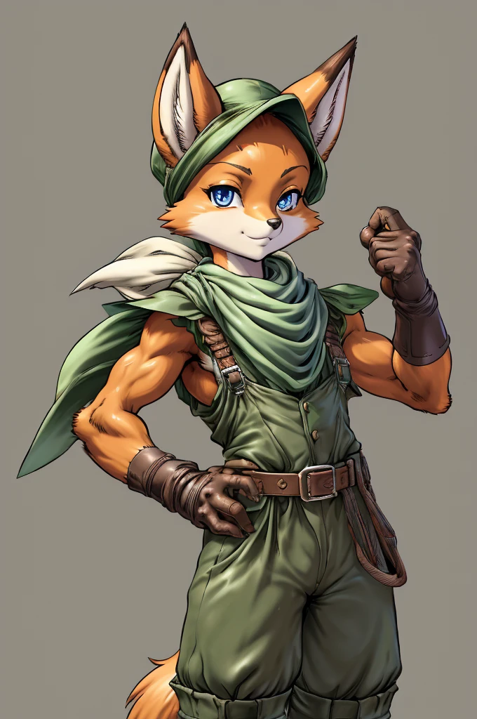 fox, furry male anthro,HD,sharp,boy ((anthro)),1boy,boy,young boy,(look at viewer) ,(perfect eyes),((brown skin)),(beige skin),ltfoxvixen,black eyes,by dr comet,by pochincoff, by jlullaby,by kingbang,by obui,by ZeroQrisu,by sparrow,by gmeen,Thief,farmer outfit,green outfit,((simple background)),(gray background)