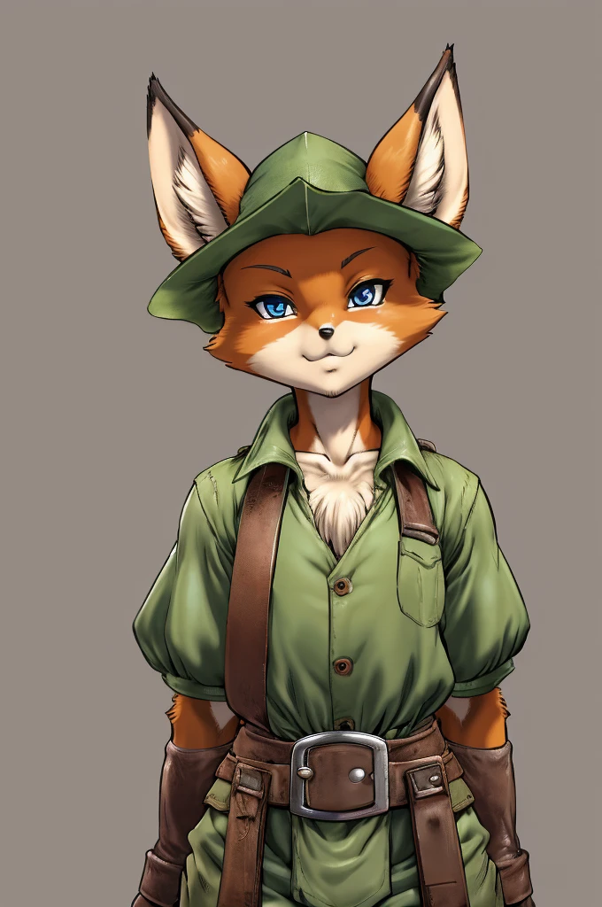 fox, furry male anthro,HD,sharp,boy ((anthro)),1boy,boy,young boy,(look at viewer) ,(perfect eyes),((brown skin)),(beige skin),ltfoxvixen,black eyes,by dr comet,by pochincoff, by jlullaby,by kingbang,by obui,by ZeroQrisu,by sparrow,by gmeen,Thief,farmer outfit,green outfit,((simple background)),(gray background)