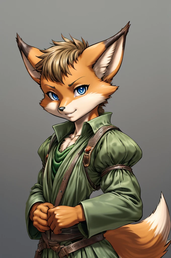 fox, furry male anthro,HD,sharp,boy ((anthro)),1boy,boy,young boy,(look at viewer) ,(perfect eyes),((brown skin)),(beige skin),ltfoxvixen,black eyes,by dr comet,by pochincoff, by jlullaby,by kingbang,by obui,by ZeroQrisu,by sparrow,by gmeen,Thief,farmer outfit,green outfit,((simple background)),(gray background)