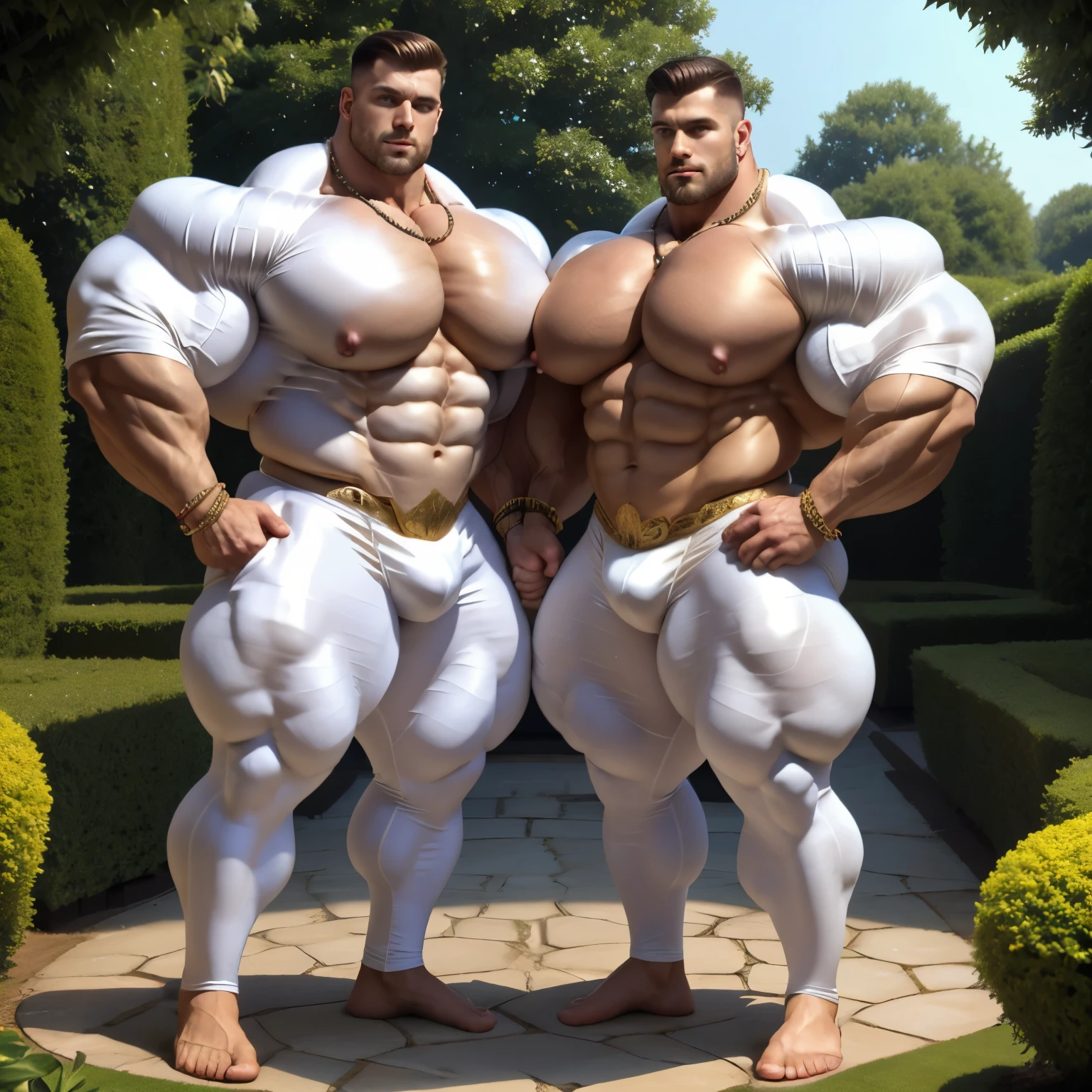 full view, full body, 2 big over-muscular bodybuilded white men with undercut haircuts, wearing regencey era silk clothing and white silk thigh-highs, No shoes, dozens of golden rings, necklaces, bracelets, white Shirts with laces unbuttoned showing over-inflated pecs and abs. Sleeves extremly tight around big bulbous over-inflated biceps. Handsome. Looking at each other. Nearly touching hands. Standing in an elaborate garden 'à la française',