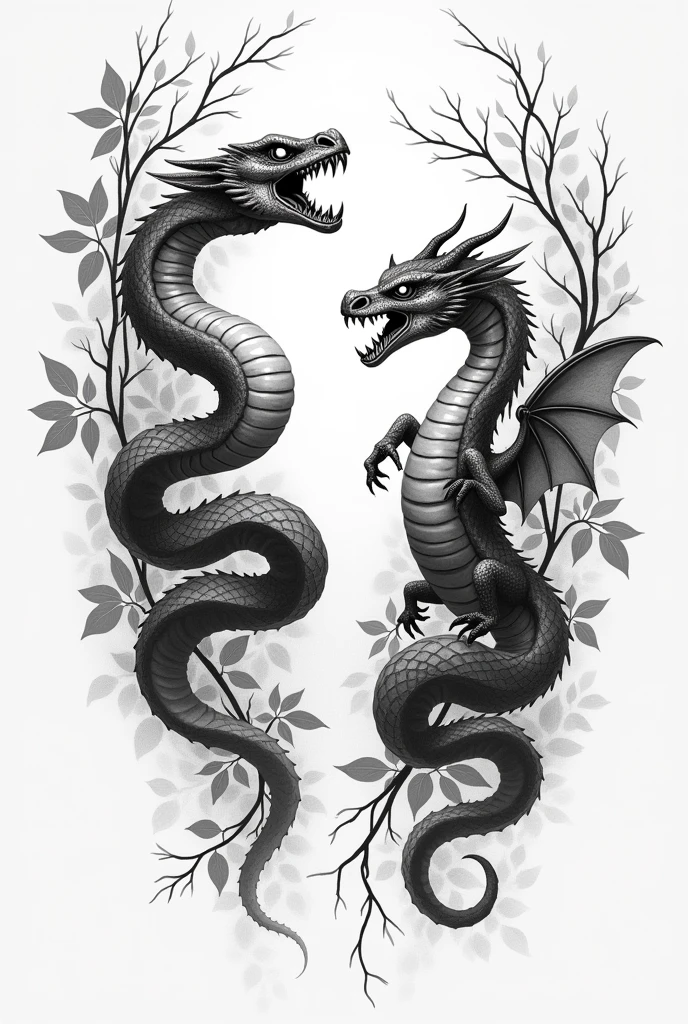 Tattoo design where on the left a snake winds around branches coming from above and hisses with visible fangs and on the right a baby dragon with wings also winds around branches with leaves coming from above and hisses with visible teeth. The whole thing in black and white but rather light than dark.