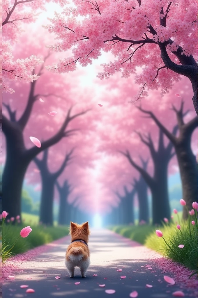 masterpiece:1.2,Highest quality,Highest quality),(Very detailed),(An illustration),8k,wallpaper,Beautiful landscape photography,Japan,Cherry Blossom Tree Street,Cherry blossom petals falling,Small dog turning around, tulip flower
