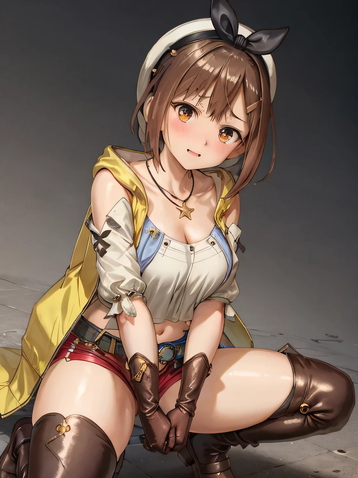 nsfw,(Squat down and spread your legs:1.2), riser, 1 person, alone, blush, Shorts, gloves, Belt bag, have, Head Ribbon, jewelry, red shorts, Brown Hair, short Shorts, Bridal Legwear, necklace, Brown eyes, One-handed gloves, hair ornaments, Valletta, star necklace, Closed-toe footwear, leather, star (symbol), White Hat, Brown gloves, Knee-high boots, short hair, Thighs Thighs Thighs, leather Belt, Tea belt, leather gloves, Jacket, Blue Belt, belly button, Thigh-high boots, Sleeveless Jacket, Thigh pouch, White thighs, clavicle, Jacket, Brown shoes, Outdoor, 　　　　　,(arms behind back),　　　　　　　　　　　