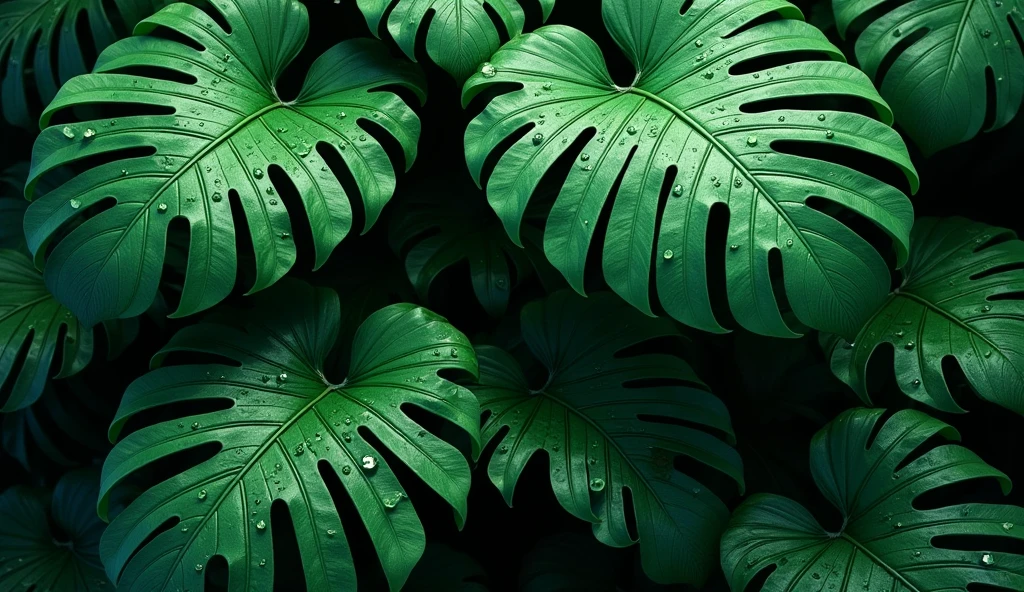 Large, dark green monstera leaves with water droplets in a horizontal rectangle 